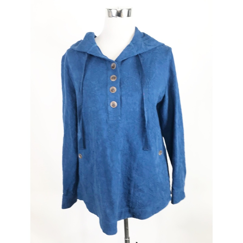 Soft Surroundings Top Womens Medium Blue Floral Henley Embroidered Textured Hood